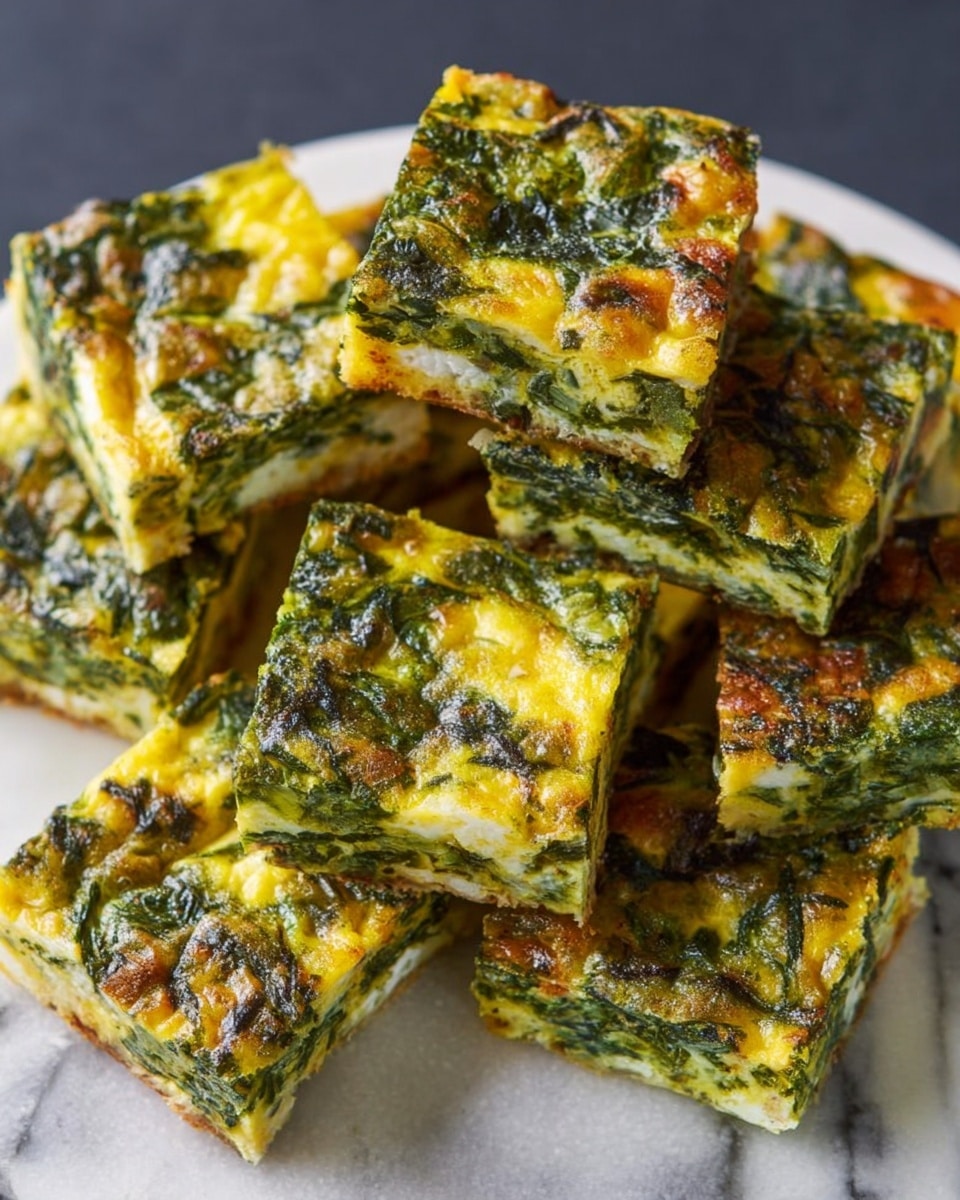 The image shows many square pieces of a green and yellow baked dish stacked on a white plate, which sits on a white marbled surface. Each square has three visible layers: the top layer is a mix of dark and light green leafy vegetables, the middle layer shows a yellow, slightly soft cooked egg texture mixed with some white bits, and the bottom layer is thin, slightly browned, and firm, acting as a base to hold the squares together. The layers blend showing bursts of green and yellow through the slightly shiny, cooked surface. photo taken with an iphone --ar 4:5 --v 7