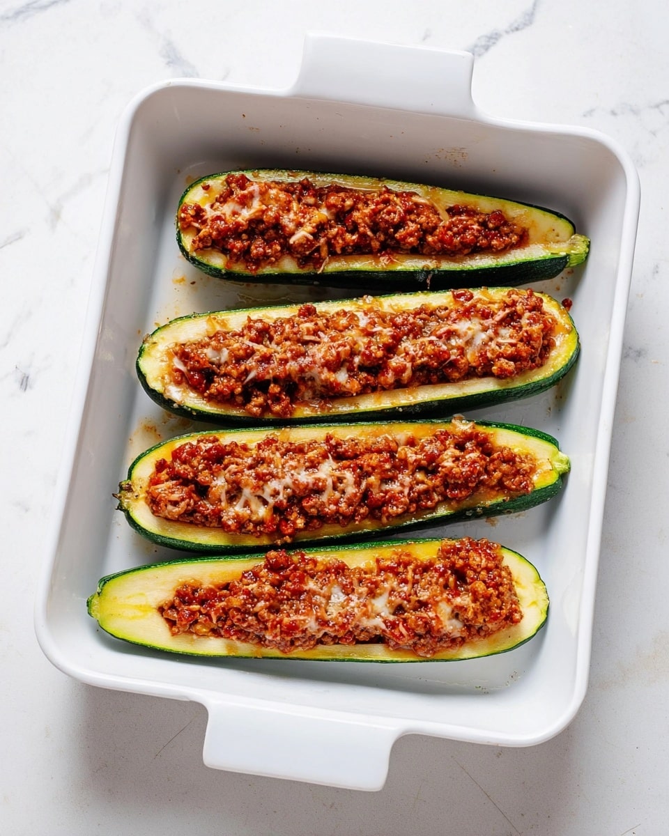 Four zucchini halves lie side by side in a white rectangular baking dish with handles, set on a white marbled surface. Each zucchini is hollowed out and filled with a chunky meat and tomato mixture that is reddish-brown with bits of onion and melted cheese sprinkled on top. The zucchini skin is dark green, and the inside flesh is pale green, providing a strong contrast to the reddish filling. The scene looks clean and bright, with no other objects around. Photo taken with an iphone --ar 4:5 --v 7