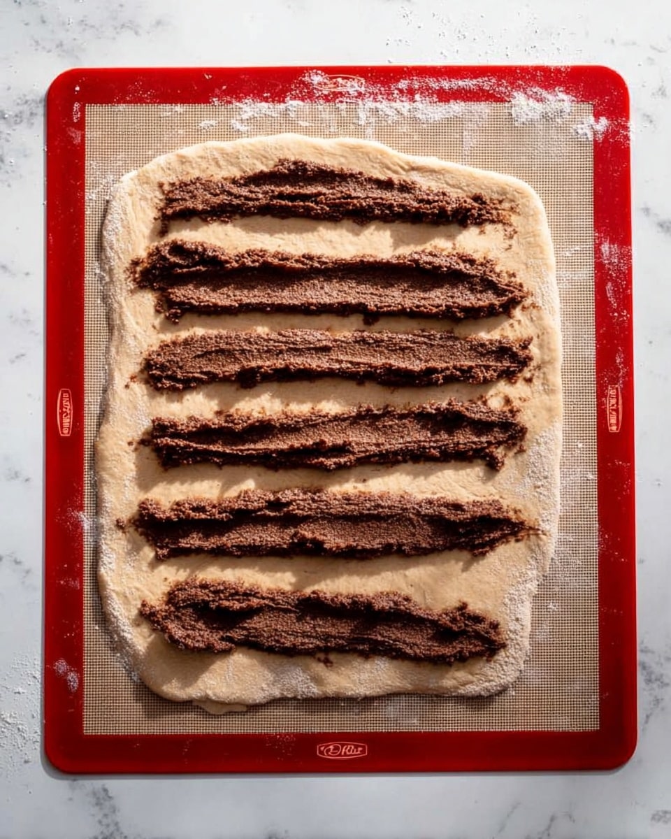 A rectangular piece of light brown dough lies flat on a silicone baking mat with a red border on a white marbled surface. The dough is divided into four long, vertical strips, each topped with a thick layer of dark brown mixture spread unevenly along the center. There is a light dusting of flour scattered on both the dough edges and the surface of the mat. The texture of the dough looks soft and slightly rough, while the dark brown topping appears dense and somewhat grainy. Photo taken with an iphone --ar 4:5 --v 7