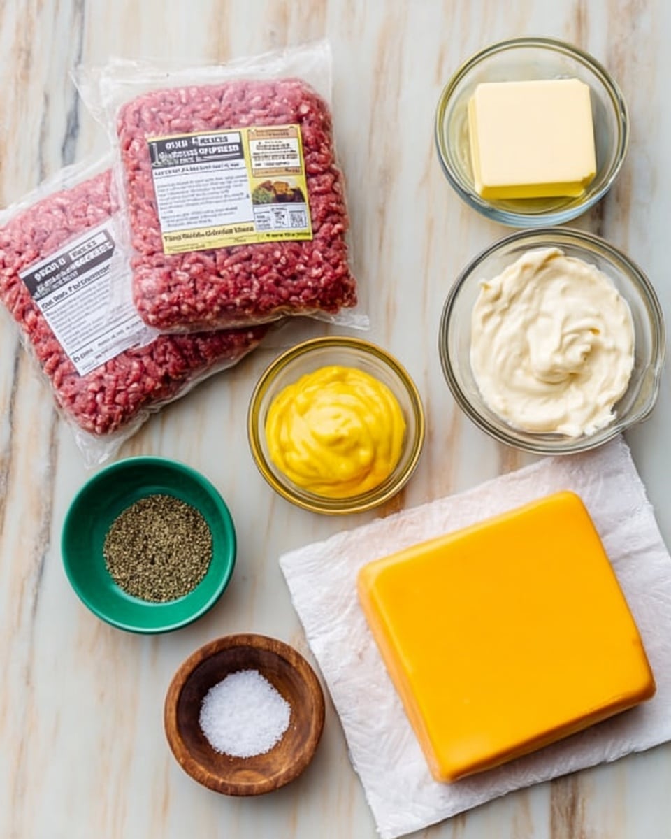 The image shows several ingredients arranged neatly on a white marbled surface. On the left, there are two packs of raw ground beef with visible red and pink colors. Above them are three small glass bowls; one contains a square piece of yellow butter, another has a bright yellow mustard-like sauce, and the third holds a creamy white substance in a clear glass measuring cup. Below these are two small bowls, one green with coarse black pepper and the other wooden with white salt. On the far right is a thick block of orange-yellow cheddar cheese placed on a white paper or cloth. The setup is clean and organized. Photo taken with an iphone --ar 4:5 --v 7