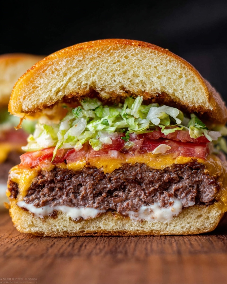 This image shows a close-up of a hamburger cut in half, layered on a wooden surface with a dark background. The burger has five main layers: starting from the top, there is a soft golden brown bun with a light texture. Below it is a thick cooked beef patty with some melted cheddar cheese inside. Next, there are red tomato slices, crunchy shredded green lettuce, and a layer of white sauce spread on the bottom bun, which is also soft and golden brown. The colors and textures are clear and vivid, highlighting each layer distinctly. Photo taken with an iphone --ar 4:5 --v 7