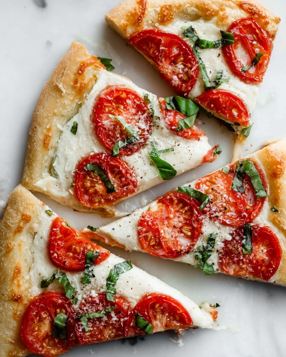 This image shows four slices of pizza on a white marbled surface. Each slice has a golden-brown crust with a light, fluffy texture. The first layer is a smooth white cheese spread covering the top of the dough. On this, there are evenly placed slices of bright red tomatoes with a slightly roasted look. Small pieces of fresh green basil leaves are scattered on top, giving a fresh pop of color. There are light sprinkles of grated cheese over the tomatoes and cheese layer, adding a fine texture on top. The overall look is fresh, light, and colorful, with simple, clear layers visible. photo taken with an iphone --ar 4:5 --v 7