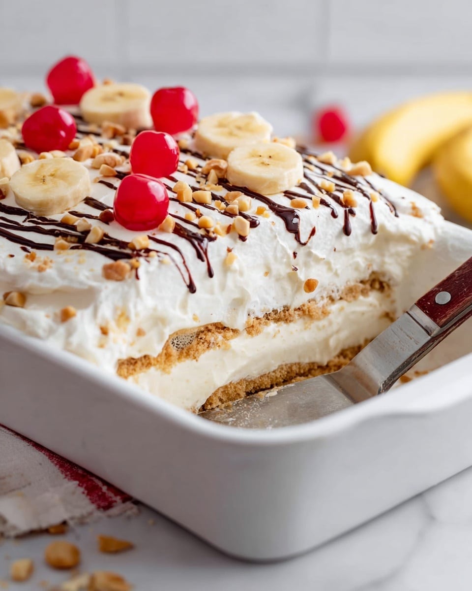 The image shows a dessert with four clear layers in a white dish. The bottom layer is a thick, light brown crumb base, looking firm and slightly crumbly. Above this is a thick, creamy white layer that looks soft and smooth. The next layer is made of sliced bananas, pale yellow with soft texture, spread evenly over the cream. On top is a thick, fluffy white topping, decorated with thin dark chocolate drizzle lines running across it, bright red cherries, and small pieces of chopped nuts scattered over the surface. The white dish holding the dessert is placed on a white marbled background, with a metal spatula with a brown handle resting inside the dish. Photo taken with an iphone --ar 4:5 --v 7