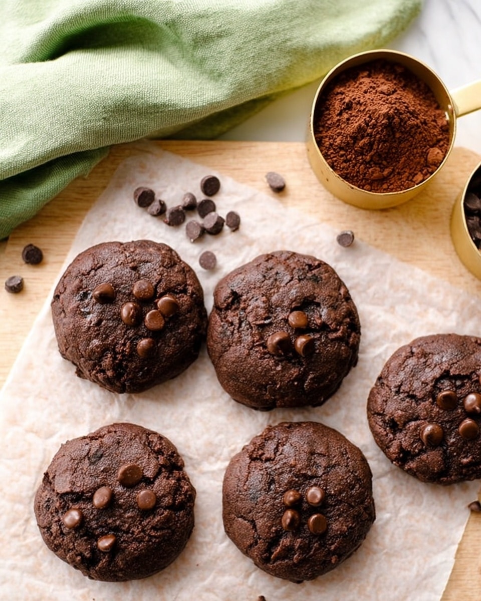 The image shows five dark brown, round chocolate cookies with a rough and slightly cracked texture on a sheet of white parchment paper. Each cookie has several small, shiny chocolate chips on top, adding a glossy contrast to the matte surface. Two gold measuring cups filled with cocoa powder and more chocolate chips sit on the light tan wooden table around the cookies. A soft, light green cloth is folded and placed near the top left corner. The background is a white marbled surface. photo taken with an iphone --ar 4:5 --v 7