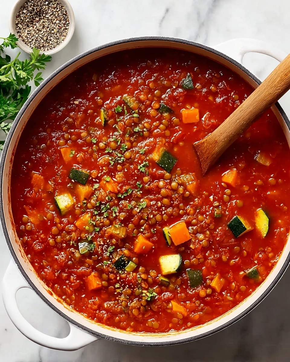 A large white pot filled with thick red tomato soup that has many small lentils, small green zucchini chunks, and orange carrot cubes mixed in. The soup also has small green herb pieces scattered on top, and a wooden spoon is partially dipped into the soup on the left side. The pot sits on a white marbled surface with a small dish of black pepper and some green parsley leaves near the top left corner photo taken with an iphone --ar 4:5 --v 7