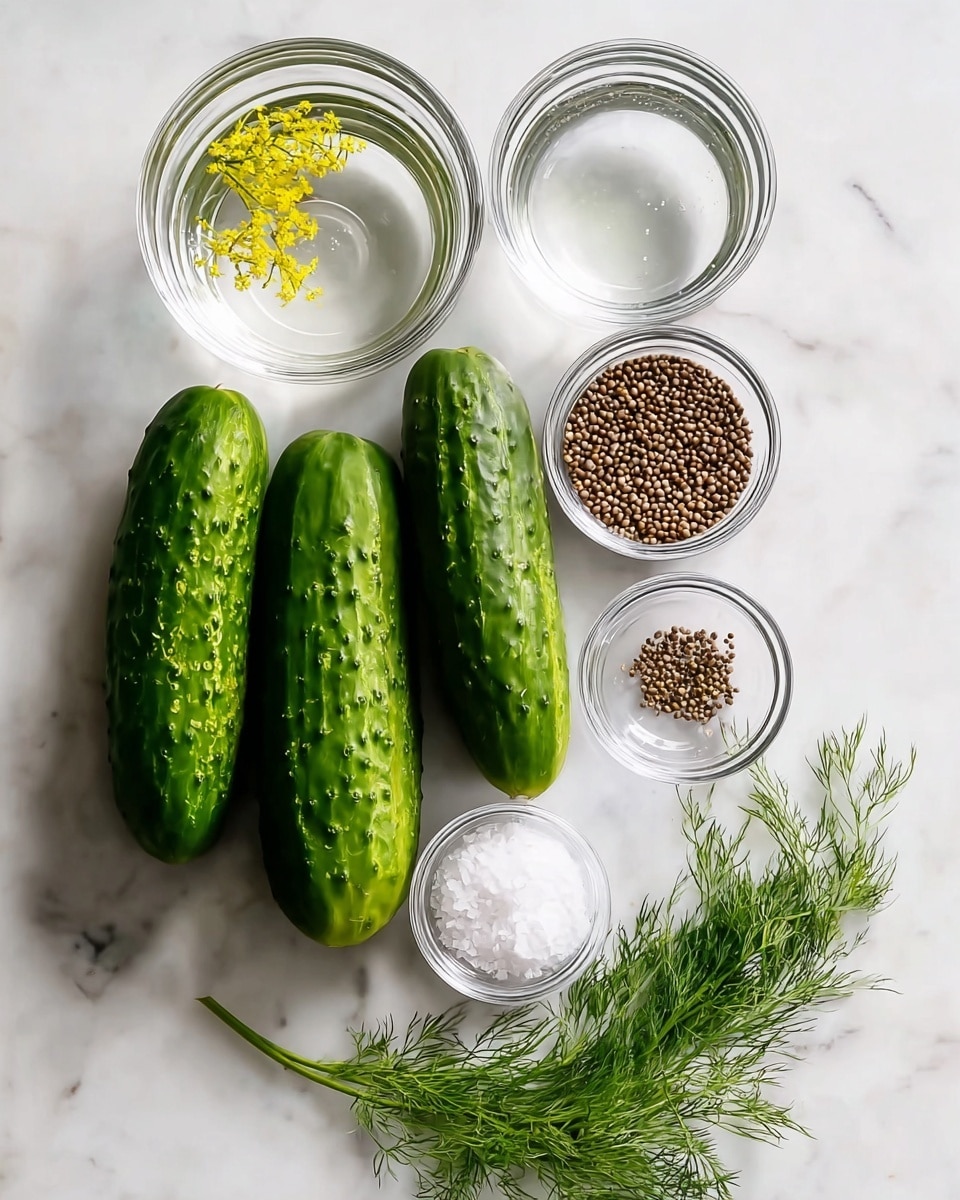 The image shows three green cucumbers with bumpy skin placed on a white marbled surface. Next to them are five clear glass bowls arranged in two vertical columns: the top left bowl contains clear water, with a small yellow dill flower resting on its rim; the top right bowl also holds clear water; below it to the right is a bowl with small brown round seeds; below the top left bowl is a bowl with white coarse salt. Below the cucumbers lies a fresh green dill sprig with feathery leaves. The photo taken with an iphone --ar 4:5 --v 7