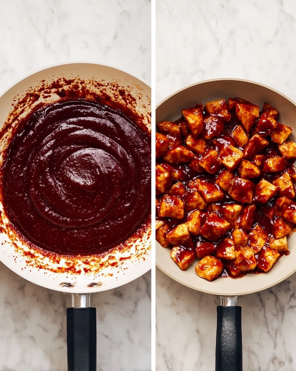 The image shows two white pans side by side on a white marbled surface. The pan on the left has a thick, dark red sauce with a smooth, shiny texture swirled in the center, and some sauce splattered around the edges. The pan on the right holds many small chunks of golden brown food pieces, evenly covered with the same dark red sauce, giving them a glossy, sticky look. Both pans have black handles extending downward. photo taken with an iphone --ar 4:5 --v 7