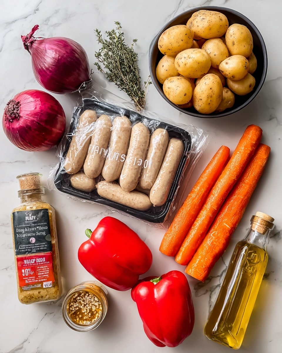 The image shows a collection of fresh ingredients laid out on a white marbled surface, each labeled clearly with white text. There are two red onions with a deep purple outer skin placed near the top left, a small glass bottle of dried thyme next to them, and a black bowl filled with small, round new potatoes in the top right. Below the onions and thyme, a package of pale raw sausages is seen arranged in two rows inside black plastic packaging. Two bright red bell peppers sit near the middle right, while three vibrant orange carrots rest at the bottom left. Near the bottom center, a small jar of wholegrain mustard with visible mustard seeds is placed beside a tall, clear bottle of olive oil with a greenish tint, and a squeeze bottle of clear honey with a golden color stands nearby. All items are neatly arranged and well lit, showing their colors and textures clearly. Photo taken with an iphone --ar 4:5 --v 7