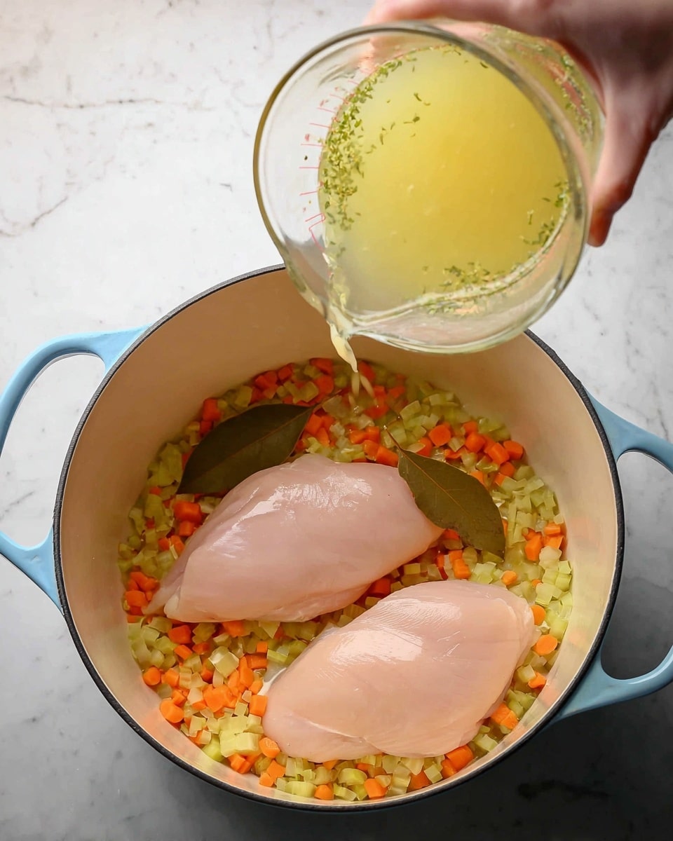 A large light blue pot with white inside sits on a white marbled surface. Inside the pot, there is one layer of finely chopped vegetables including orange carrots, light green celery, and small light yellow pieces spread evenly at the bottom. On top of the vegetables, two smooth, pale pink raw chicken breasts lay side by side. Two brown bay leaves rest between the chicken breasts. In the next frame, a woman's hand is pouring a clear yellow broth with tiny green herb specks from a clear glass measuring cup over the chicken and vegetables. Photo taken with an iphone --ar 4:5 --v 7