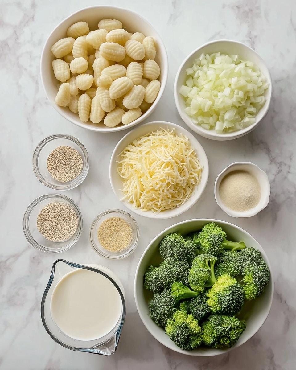The image shows seven white bowls and measuring cups arranged on a white marbled surface. The largest bowl at the top left is filled with uncooked gnocchi, small round shapes with ridged textures. To its right, a medium white bowl holds chopped white onions in small pieces. Below that, another white bowl contains a mound of shredded pale yellow cheese. At the bottom right corner, a large white bowl is filled with bright green broccoli florets. Around these bowls are two clear glass measuring cups, both filled with white cream or milk, one positioned at the lower left and the other near the top left. Between the bowls are three small white bowls; one with sesame seeds, one with a pale yellow grain, and one with a fine beige powder. The layout is neat and well-spaced. Photo taken with an iphone --ar 4:5 --v 7
