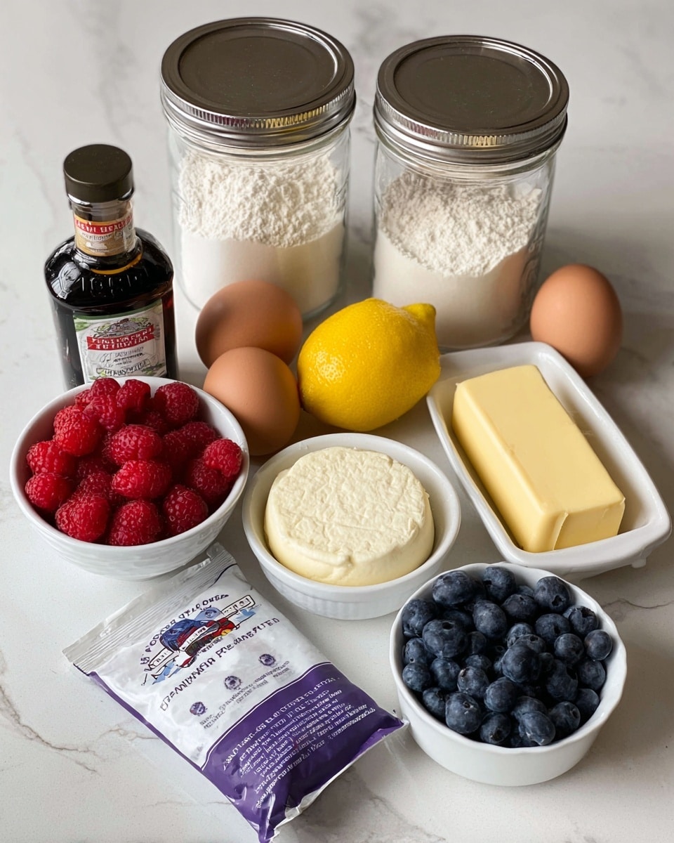 The image shows baking ingredients arranged on a white marbled surface, including two clear jars with silver lids containing flour and sugar at the back. In front, there are three brown eggs, a bright yellow lemon, a rectangular stick of butter, and a round container of ricotta cheese. There are also two white bowls, one filled with fresh red raspberries and the other with dark blue blueberries. At the front left, there is a dark brown bottle of vanilla extract, and in the center front, a purple and white bag of baking powder lies flat. photo taken with an iphone --ar 4:5 --v 7