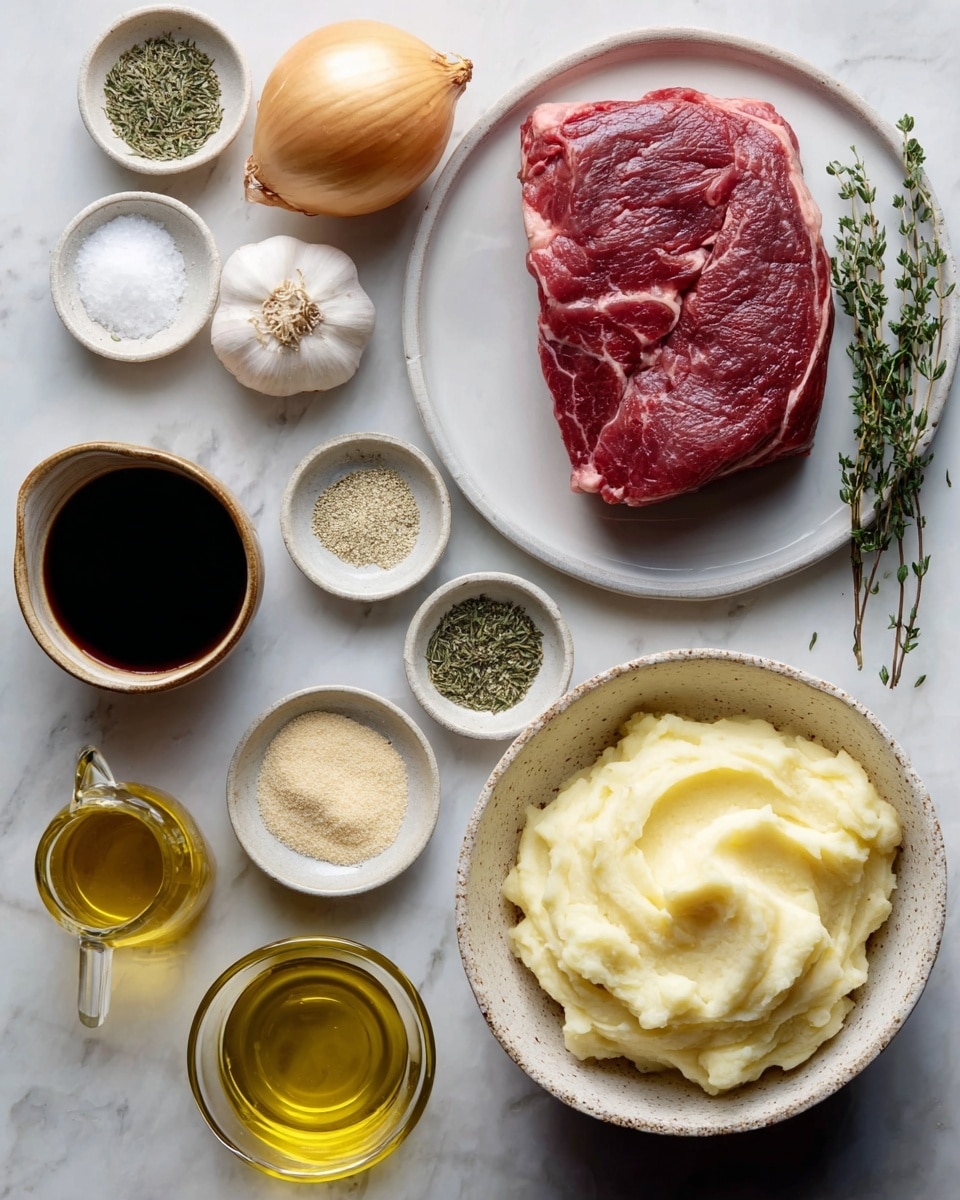 A top view of various cooking ingredients arranged neatly on a white marbled surface. On the right, a white plate holds a thick piece of red meat with visible marbling and two small sprigs of fresh thyme placed beside it. Below that, a light-colored bowl is filled with creamy mashed potatoes showing a soft, smooth texture with gentle peaks and swirls. Towards the bottom left, there is a small white bowl with dark soy sauce and a tiny glass bowl containing golden olive oil. Above these, a small glass measuring cup holds a dark brown liquid. Near the center on the left side, a whole yellow onion sits next to a garlic bulb with two cloves. Three small dishes are lined above the onion and garlic: one has coarse white salt, the next contains green dried herbs, and the third holds light beige ground seasoning. The scene is evenly lit and shows texture and color contrasts clearly. Photo taken with an iphone --ar 4:5 --v 7