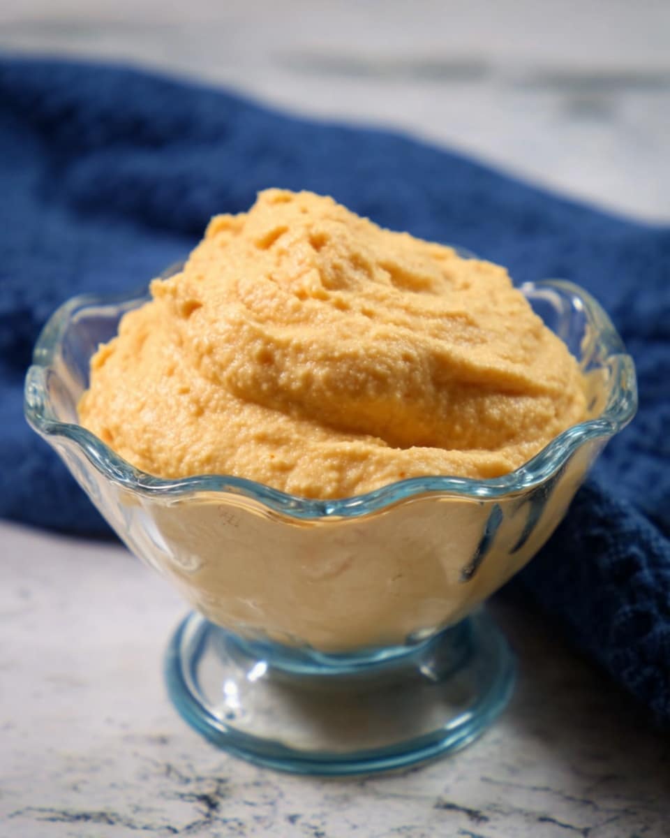 A small glass bowl with wavy edges holds a light orange, creamy spread with a slightly rough texture. The spread is heaped above the rim of the bowl, showing a thick consistency with tiny bits visible throughout. The bowl sits on a light white marbled surface with a dark blue cloth blurred out in the background. The lighting highlights the smooth swirls and soft peaks of the spread. Photo taken with an iphone --ar 4:5 --v 7