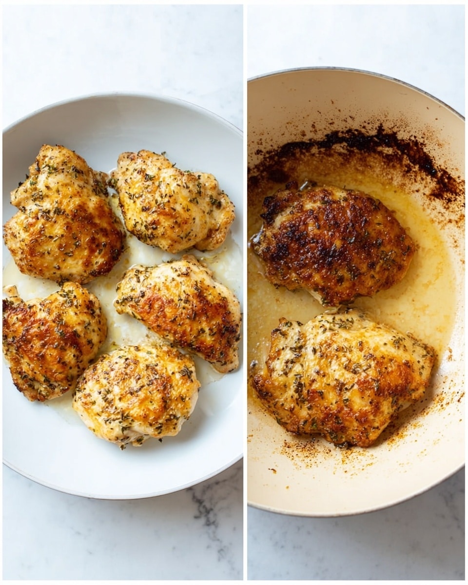 The left side shows a white round plate with four cooked chicken pieces that are golden brown with specks of black pepper and herbs on the surface, arranged with two pieces at the top and two at the bottom. The chicken has a crispy texture with some darker browned spots. The right side shows a light cream-colored cooking pot with a dark brown residue from cooked food, mostly around the edges and in patches in the middle. Both are placed on a white marbled surface. photo taken with an iphone --ar 4:5 --v 7