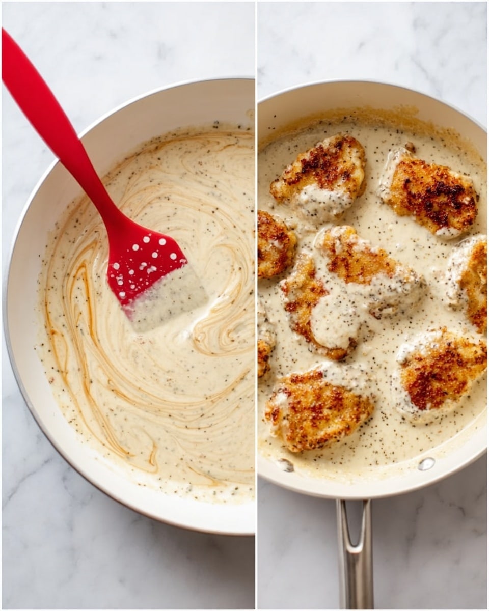 The image shows two white pans on a white marbled surface. The left pan has a creamy sauce with light brown swirls being stirred with a red spatula with white spots. The right pan contains six pieces of browned chicken covered with a creamy white sauce with small dark specks in it. The sauce partially covers the chicken pieces, and the chicken has a crispy golden-brown texture. photo taken with an iphone --ar 4:5 --v 7