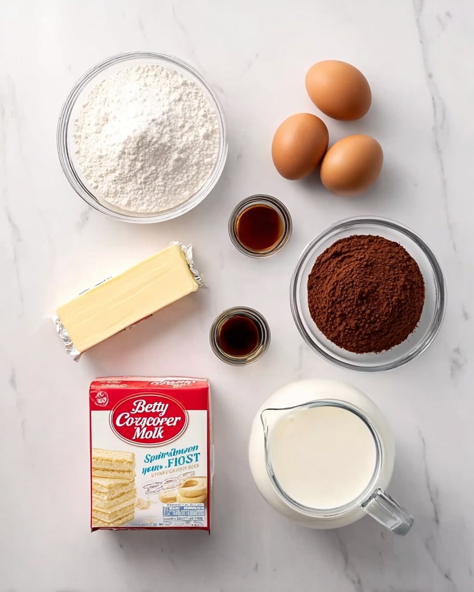 The image shows a white marbled surface with several baking ingredients neatly arranged. In the center, there is a red and white box of Betty Crocker Super Moist white cake mix. To the left of the box, there is a clear white bowl filled with white powdered sugar and a small glass container holding dark brown vanilla extract beside a stick of butter in yellow paper wrapping. Above the box sit two whole brown eggs. To the right of the box, a clear white bowl contains dark brown cocoa powder, and nearby is a clear glass jug filled with white milk. Everything is placed calmly without clutter, all on the white marbled texture. photo taken with an iphone --ar 4:5 --v 7