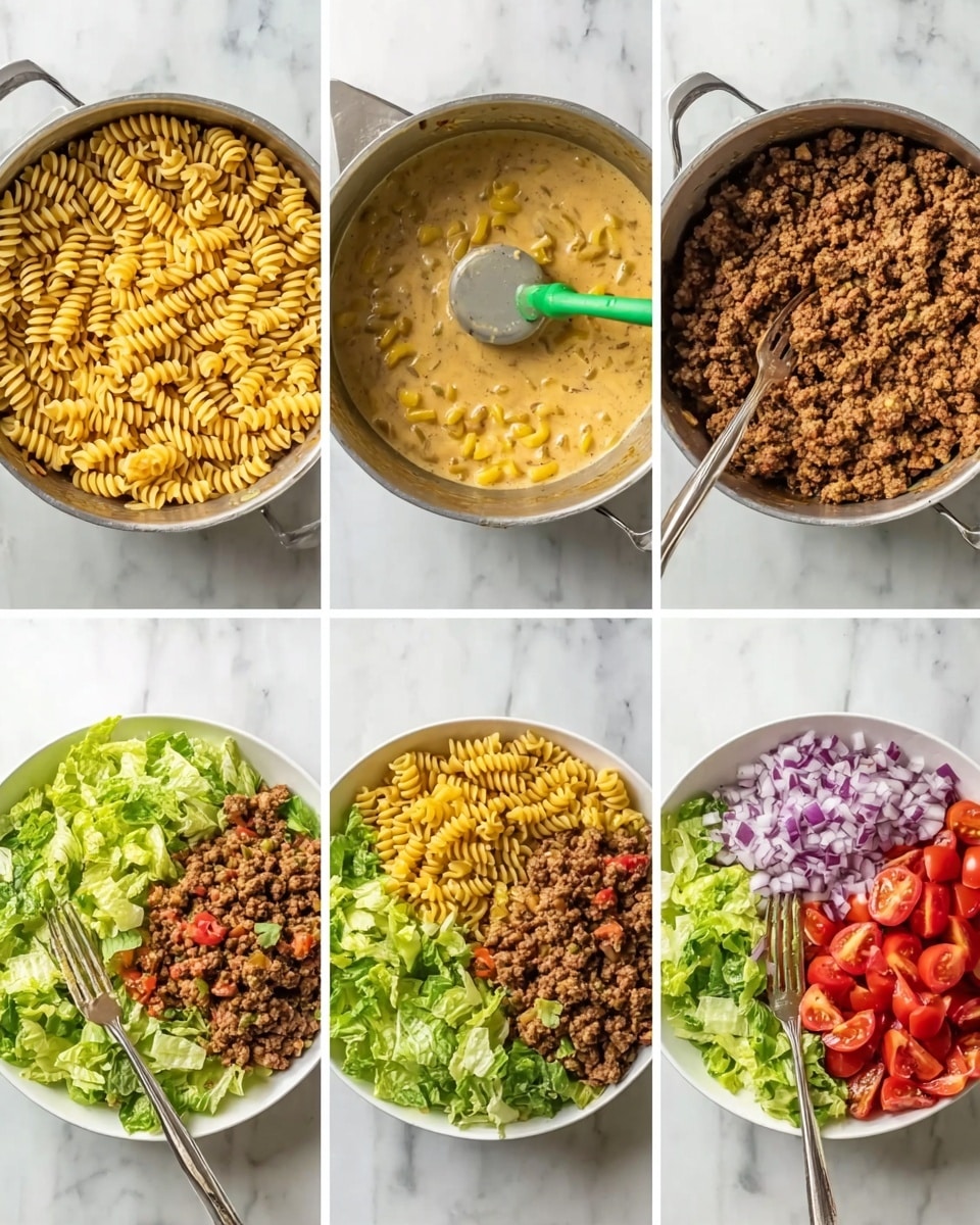 The dish is shown in six steps, starting with a pot full of cooked spiral pasta that is yellow and firm looking, followed by a white bowl with a creamy tan sauce mixed with a green-handled blender stick. Next is a pot filled with browned ground meat with a slightly crumbly texture. In the fourth step, a white bowl with three layers is visible: fresh green lettuce on the left, halved bright red cherry tomatoes on the bottom right, and spiral pasta filling the top right. The fifth image adds chopped purple onions in the bottom center, alongside the same lettuce and pasta. The final step shows the white bowl filled with layers of lettuce, cherry tomatoes, spiral pasta, and a portion of seasoned ground meat mixed with small pieces of yellow bell pepper on top, with a fork placed inside the bowl. All are placed on a white marbled surface. Photo taken with an iphone --ar 4:5 --v 7