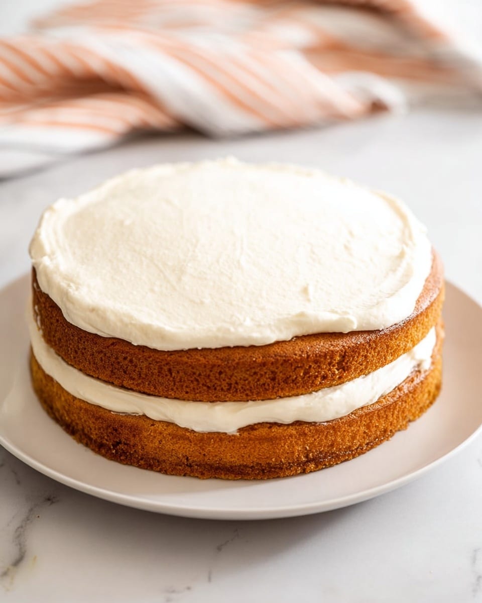 A two-layer round cake with light brown sponge layers, each separated by a smooth, thick layer of white frosting. The top layer is covered with a slightly textured, even coat of the same white frosting. The cake sits on a white plate placed on a white marbled surface. The background shows a blurry striped cloth in soft colors. Photo taken with an iphone --ar 4:5 --v 7