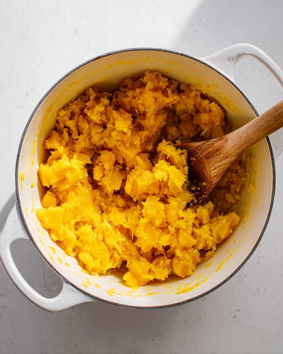 A white pot filled with bright yellow-orange cooked and mashed squash pieces, some parts showing a browned, slightly caramelized texture. A wooden spoon is placed inside the pot as if ready to stir, its handle angling toward the upper right corner. The pot is set against a white marbled surface with soft natural light casting subtle shadows. The inside of the pot contrasts the yellow squash with its creamy white color. Photo taken with an iphone --ar 4:5 --v 7