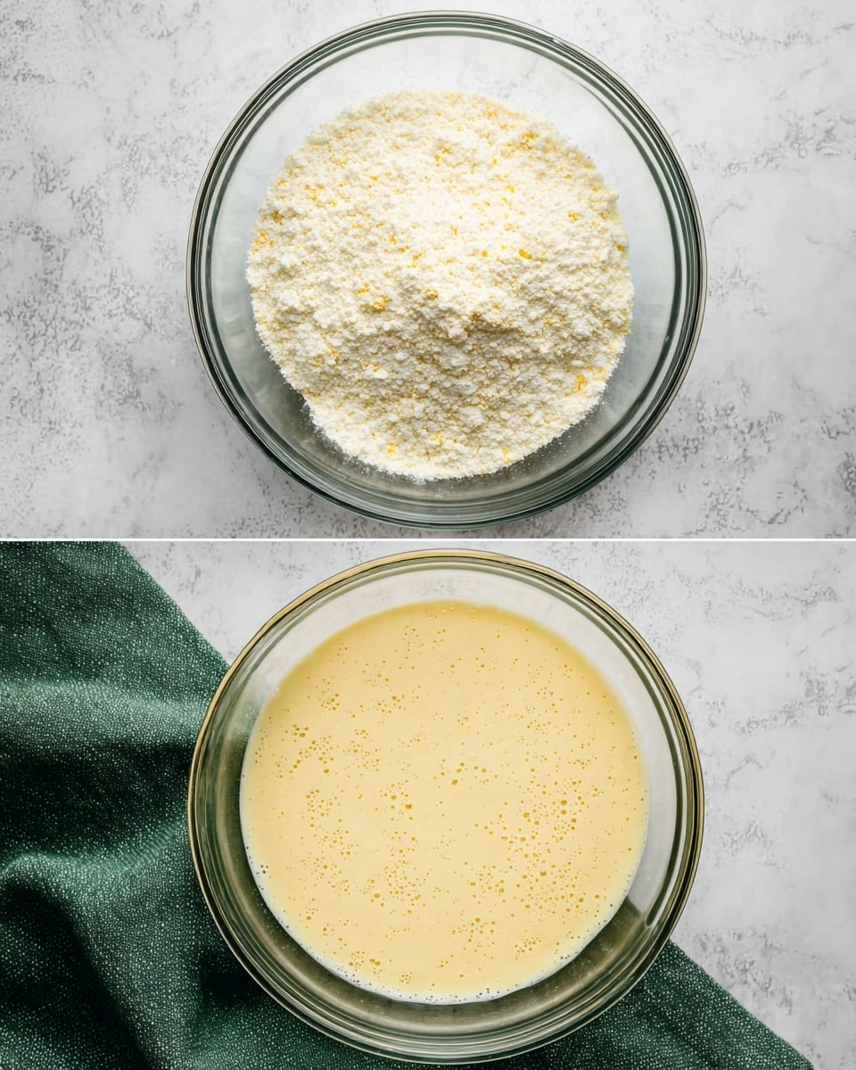 Two clear glass bowls sit side by side on a white marbled surface with a green cloth partially visible at the bottom left. The bowl on the left contains a dry mixture that looks powdery and grainy, mainly white with small yellow specks scattered throughout. The bowl on the right holds a smooth, creamy batter of light yellow color, speckled with tiny air bubbles on the surface. Photo taken with an iphone --ar 4:5 --v 7