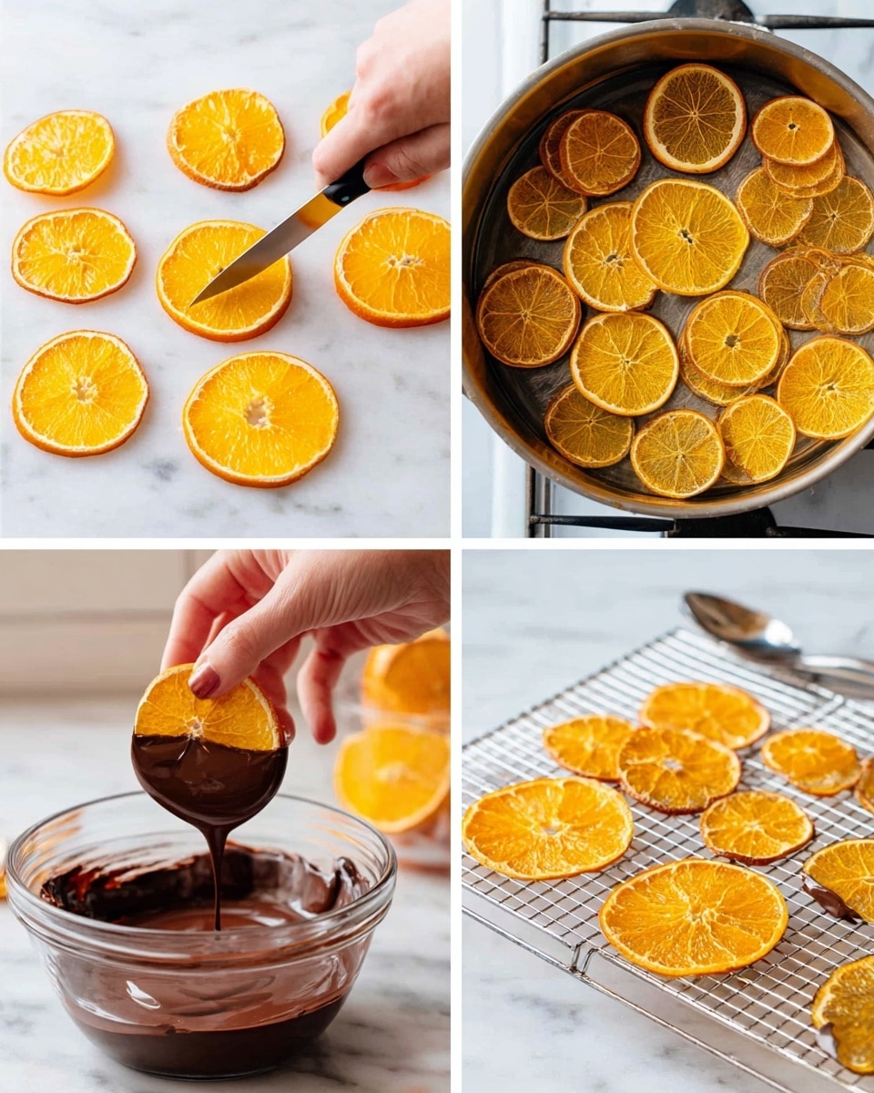 The image shows four steps to make chocolate-covered candied orange slices. In the first part, a woman's hand holds a knife slicing a bright orange into thick, round slices on a white marbled surface. The second part shows multiple orange slices floating in boiling water inside a shiny metal pan on a stove. The third part displays a white wire rack with dozens of golden orange candied slices drying evenly. In the fourth part, a woman's hand dips one shiny orange slice halfway into a clear glass bowl filled with smooth, melted dark chocolate, with more orange slices and a spoon visible in the background. photo taken with an iphone --ar 4:5 --v 7