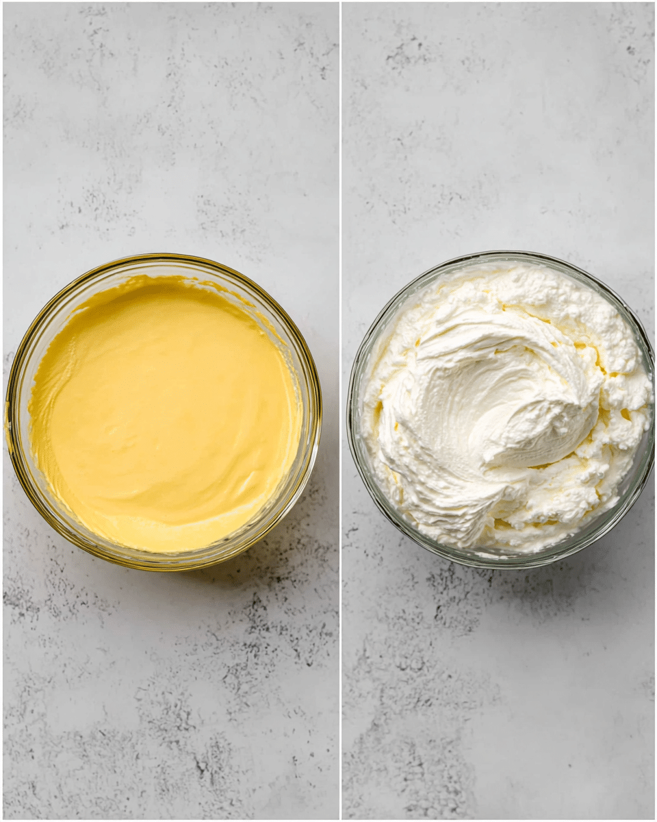 The image shows two clear glass bowls on a white marbled surface. The bowl on the left holds a smooth, creamy yellow mixture spread evenly to the edges. The bowl on the right contains a thick, fluffy white mixture with airy peaks and swirls, showing some texture from mixing. Both bowls are viewed from above, displaying the contrast between the dense white cream and the smooth yellow mixture. photo taken with an iphone --ar 4:5 --v 7