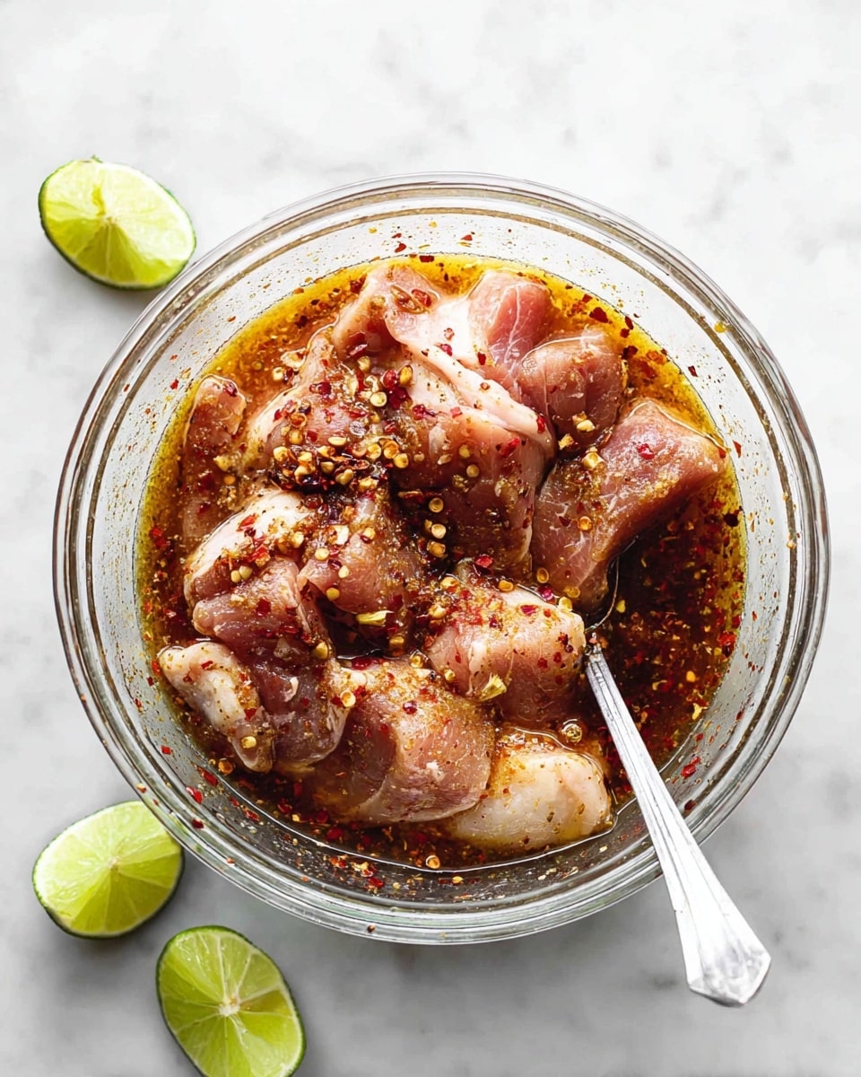 A clear glass bowl sits on a white marbled surface, filled with raw pieces of meat soaking in a dark marinade with visible red chili flakes and herbs. The meat is light pink with some white fat edges, fully covered by the thick, reddish-brown liquid. A silver spoon rests inside the bowl, partially submerged in the sauce. Around the bowl, there are three small pieces of bright green lime, some slightly squeezed. Photo taken with an iphone --ar 4:5 --v 7
