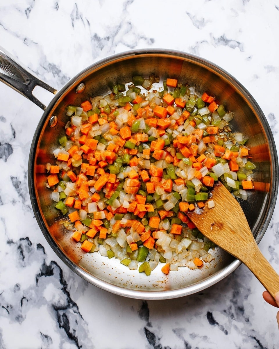 A round stainless steel pan with a shiny surface contains cooked diced vegetables, arranged loosely in one layer. The bottom layer is a mix of small orange carrot cubes, pale translucent white onion pieces, and green bell pepper chunks. The vegetables have a slightly soft texture with some browned bits stuck to the pan base. The pan is placed on a white marbled surface with black and grey veins, and a wooden spatula lies next to it with a woman's hand holding its handle at the top edge of the image. Photo taken with an iphone --ar 4:5 --v 7