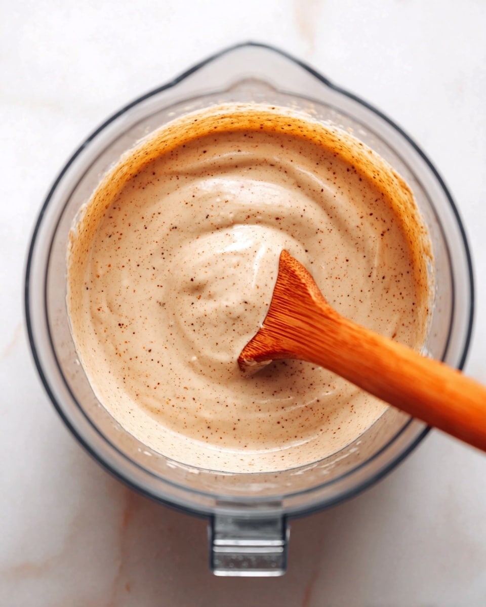 A top view shows a clear blender container filled with a smooth, creamy mixture that is light beige with small dark specks throughout, suggesting tiny bits of spices or seeds. A wooden spoon with a long orange handle is partly dipped into the mixture, stirring it gently. The blender sits on a white marbled surface, adding a clean and bright look to the scene. photo taken with an iphone --ar 4:5 --v 7