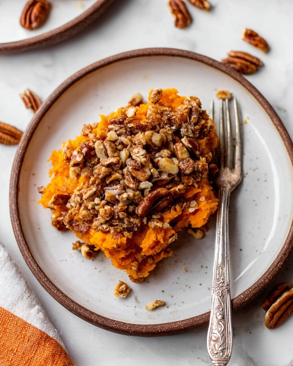A white plate with a brown rim holds a single serving of mashed orange sweet potato, topped with a crunchy mix of oats and chopped pecans spread unevenly across the top. The mashed sweet potato has a soft, slightly chunky texture and vibrant color, while the oat and pecan topping adds a rough, textured contrast with light brown shades. A vintage silver fork with detailed engravings rests on the right side of the plate, partially touching the mashed sweet potato. The plate sits on a white marbled surface, with a few loose pecans scattered nearby and an orange and white cloth partially visible at the bottom left corner. Photo taken with an iphone --ar 4:5 --v 7