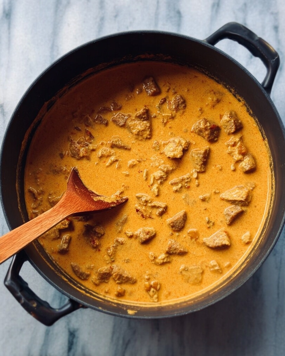 A black pot filled with a creamy orange curry containing many small light brown pieces of meat spread evenly throughout the sauce. A wooden spoon is inside the pot on the left side, partially dipped into the curry, resting on the side of the pot. The pot is placed on a white marbled surface. photo taken with an iphone --ar 4:5 --v 7