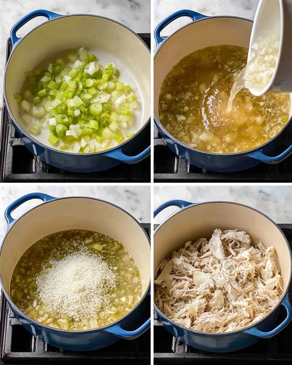 The image shows a four-step cooking process inside a white cast iron pot with a blue outside, sitting on a stove with black grates and a white marbled surface. The first step (top left) shows chopped green celery and white onions placed on a base layer of melted butter, all inside the pot. The second step (top right) captures a light broth being poured over the sautéed vegetables. The third step (bottom left) shows uncooked white rice being added into the bubbling broth and vegetable mix. The last step (bottom right) reveals shredded white chicken added on top of the simmering rice and broth mixture. photo taken with an iphone --ar 4:5 --v 7