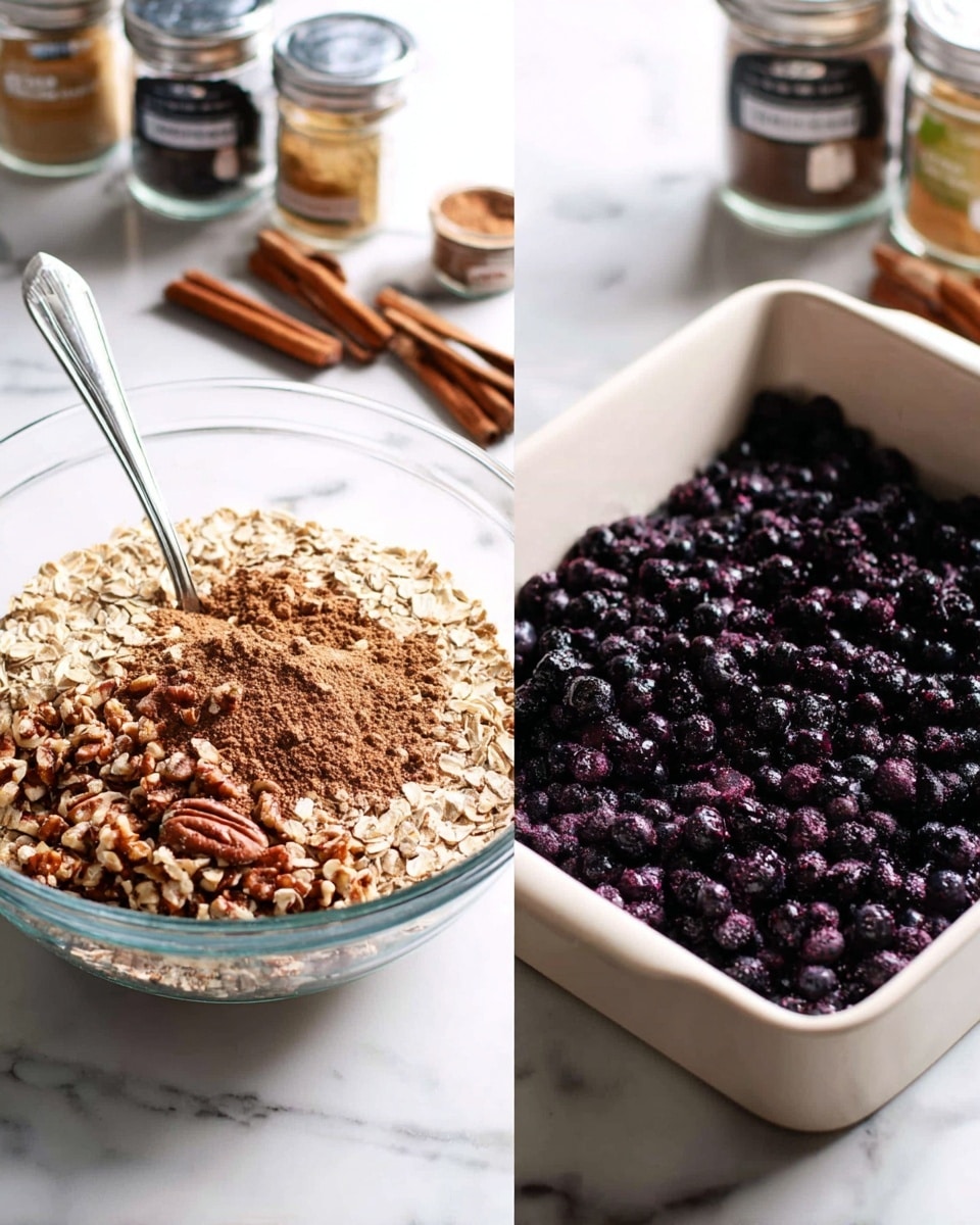 The image shows two side-by-side scenes on a white marbled surface. On the left, there is a clear glass bowl filled with a dry mix of light tan oats, chopped brown nuts, and brown cinnamon powder resting on top, with a silver spoon inside the bowl. Behind the bowl, there are small spice jars with visible labels. On the right, there is a white square baking dish filled evenly with deep purple or dark blue whole berries, possibly blueberries, spread across the bottom layer. The same spice jars and a glass bowl with light tan oats can be seen blurred in the background. Photo taken with an iphone --ar 4:5 --v 7