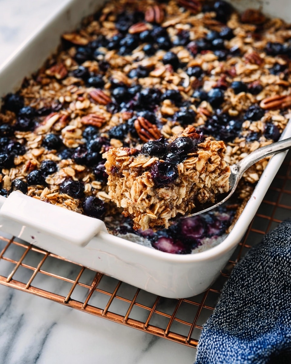 A white rectangular baking dish holds a baked oatmeal with two visible layers: a base thick layer of golden-brown oats mixed with toasted pecan pieces, and on top, scattered deep blue and dark purple blueberries add bursts of color. The surface looks textured and slightly moist from melted ingredients, with some areas darker from baking. A silver spoon is partially lifting one portion from the dish, showing a dense and chunky texture inside. The dish rests on a copper wire rack, placed over a white marbled surface, and a corner of a navy blue and white cloth is visible on the right side. Photo taken with an iphone --ar 4:5 --v 7