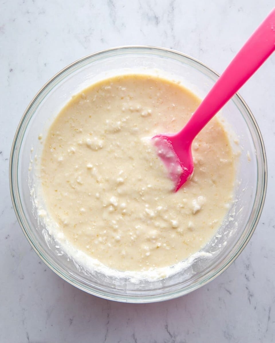 A clear glass bowl sits on a white marbled surface, filled with a light beige batter that has small white curds or lumps spread evenly throughout. A bright pink silicone spatula rests inside the bowl, partially submerged in the batter and coated with it on one side. The batter texture looks smooth with the small textured bits visible all over. photo taken with an iphone --ar 4:5 --v 7