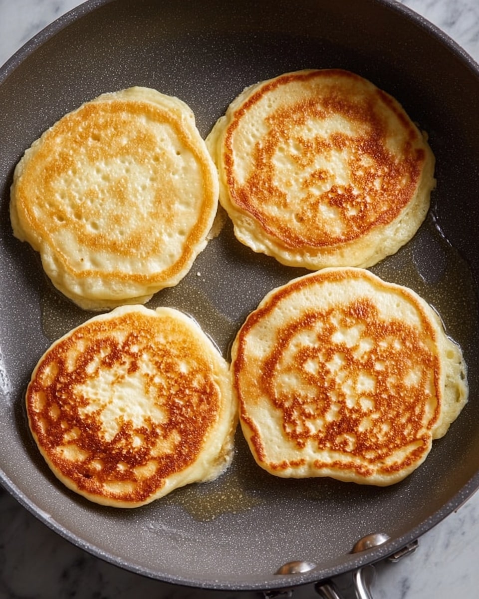There are four golden-brown pancakes cooking in a gray non-stick pan. Each pancake is round with uneven edges and has a light texture with small holes and bubbles on the surface. The pancakes have a nice mix of golden and light tan colors, showing they are cooking evenly with some parts darker on the edges. The pan’s surface is slightly oily, giving a shiny look around the pancakes. The background is a white marbled texture. photo taken with an iphone --ar 4:5 --v 7