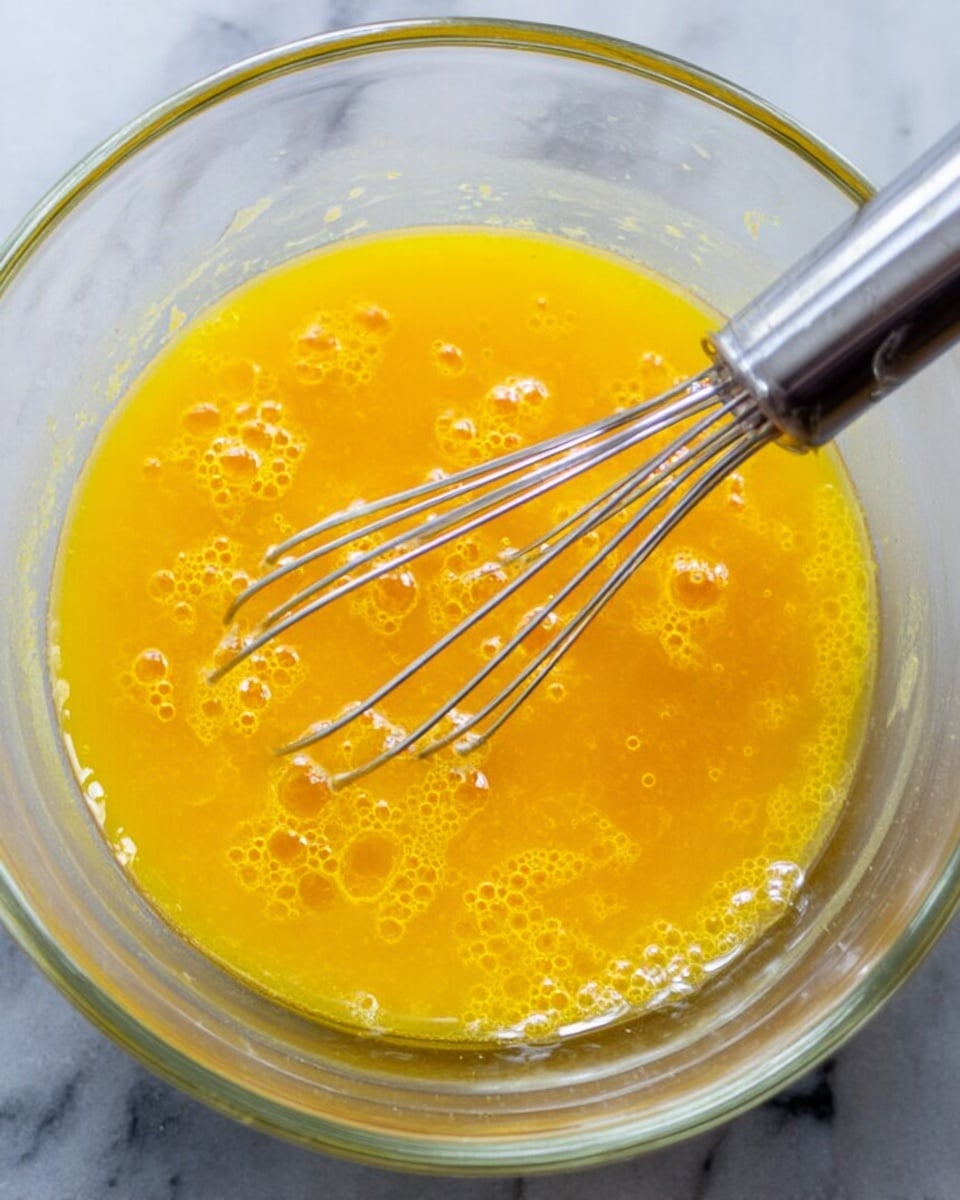 A clear glass bowl sits on a white marbled surface, filled with a bright yellow-orange liquid mixture that is being whisked by a shiny silver spiral handheld tool partially submerged in the liquid. Small bubbles form on the surface of the mixture, giving it a light and frothy texture. The bowl's inner texture and reflections are visible, emphasizing the smooth and glossy look of the liquid. Photo taken with an iphone --ar 4:5 --v 7