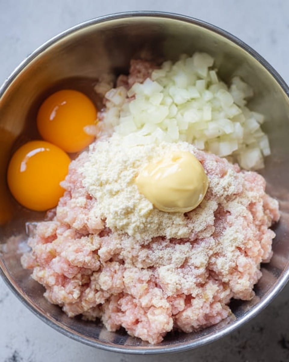 In a round silver metal bowl, ingredients are gathered in separate piles. There are two whole raw eggs with bright orange and light yellow yolks on the left side. Next to them is a mound of white chopped onion in the center. To the right side, there is a large portion of pale pink ground meat, topped with a white powdery ingredient. A dollop of light yellow creamy sauce sits on the meat near the edge of the bowl. The bowl is placed on a white marbled surface. Photo taken with an iphone --ar 4:5 --v 7