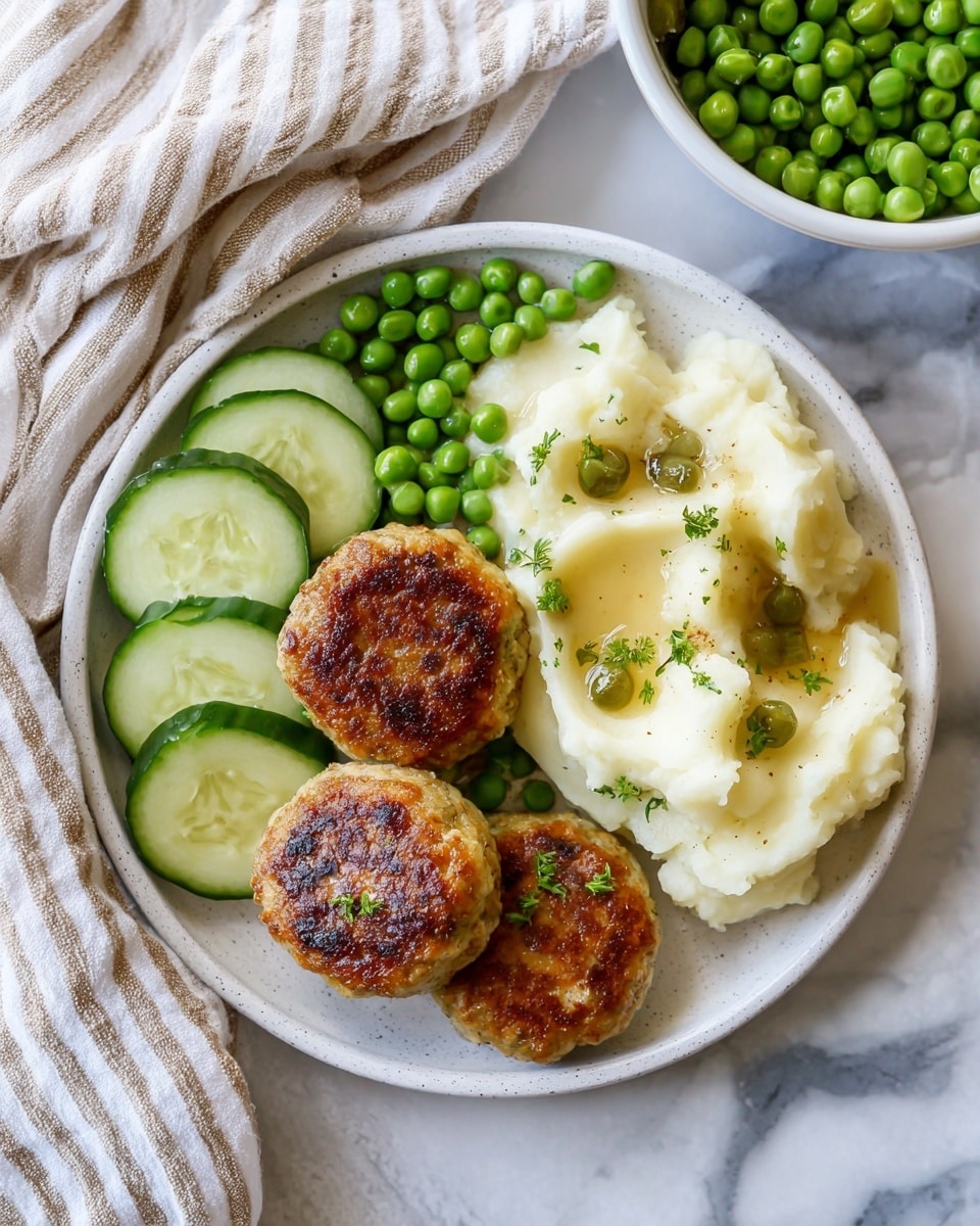 A white round plate sits on a white marbled surface, filled with three golden-brown patties placed near the center-left, surrounded by bright green peas scattered around them. On the right side of the plate, a generous serving of creamy mashed potatoes with melted butter pooling on top is garnished with small green herb pieces. At the bottom left of the plate, four thick slices of fresh cucumber with light green skin and a smooth texture lean against the peas and patties. A striped beige and white cloth rests in the top left background, while a white bowl filled with green peas is partially visible to the top right. Photo taken with an iphone --ar 4:5 --v 7