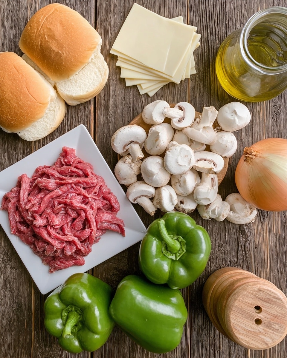 The image shows a top view of ingredients for a meal arranged on a wooden surface. On the left side, there are three soft sandwich rolls with a golden-brown outer crust and light beige inside. Below the rolls, there is a stack of thin, round slices of pale yellow cheese. Near the center, several white button mushrooms with a smooth texture are spread out. To the right, a white square plate holds a pile of raw, thinly sliced red meat with some white fat marbling. Below the plate, two whole green bell peppers with a shiny, smooth surface are placed. At the top right corner, a large yellow onion with a papery skin is visible along with a transparent glass jar of light yellow oil and a wooden pepper grinder and salt shaker toward the center. All items rest on the wooden background. photo taken with an iphone --ar 4:5 --v 7