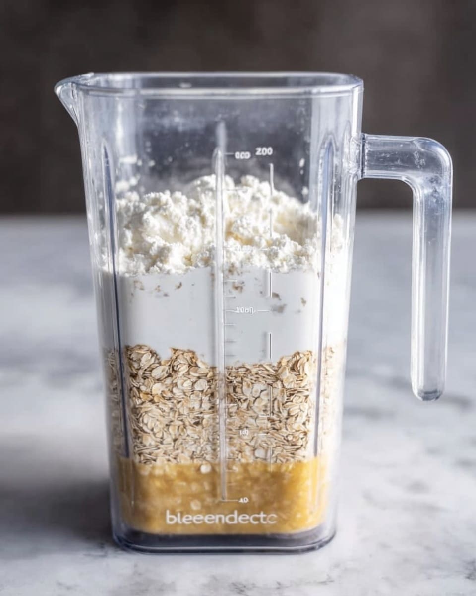 A clear blender container shows three layers of ingredients on a white marbled surface. At the bottom, there is a thin layer of light golden liquid, followed by a middle layer of light brown oats with visible texture. The top layer is thick and white, resembling cottage cheese, filling most of the blender space. The container has a clear handle on the right side with measurement markings and