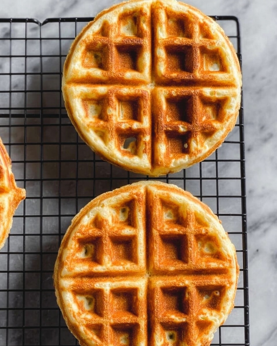 Two golden-brown waffles lie side by side on a black wire cooling rack. Each waffle is round and divided into four quarter sections by deep grid lines, showing a crisp texture with small pockets. The background is a white marbled texture visible around the rack edges, creating a clean and bright look. The light highlights the warm, toasted surface of the waffles, emphasizing their soft inside and crunchy outside. Photo taken with an iphone --ar 4:5 --v 7