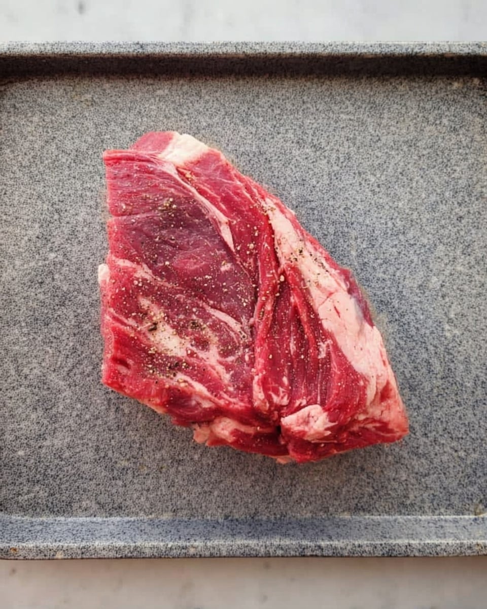 A raw piece of red meat with white marbling and some black pepper seasoning sits alone in the center of a gray speckled tray on a white marbled surface. The meat has a roughly triangular shape with visible layers of fat and muscle tissue mixed throughout. The texture looks fresh and slightly moist, with a mix of smooth and fibrous parts. Photo taken with an iphone --ar 4:5 --v 7