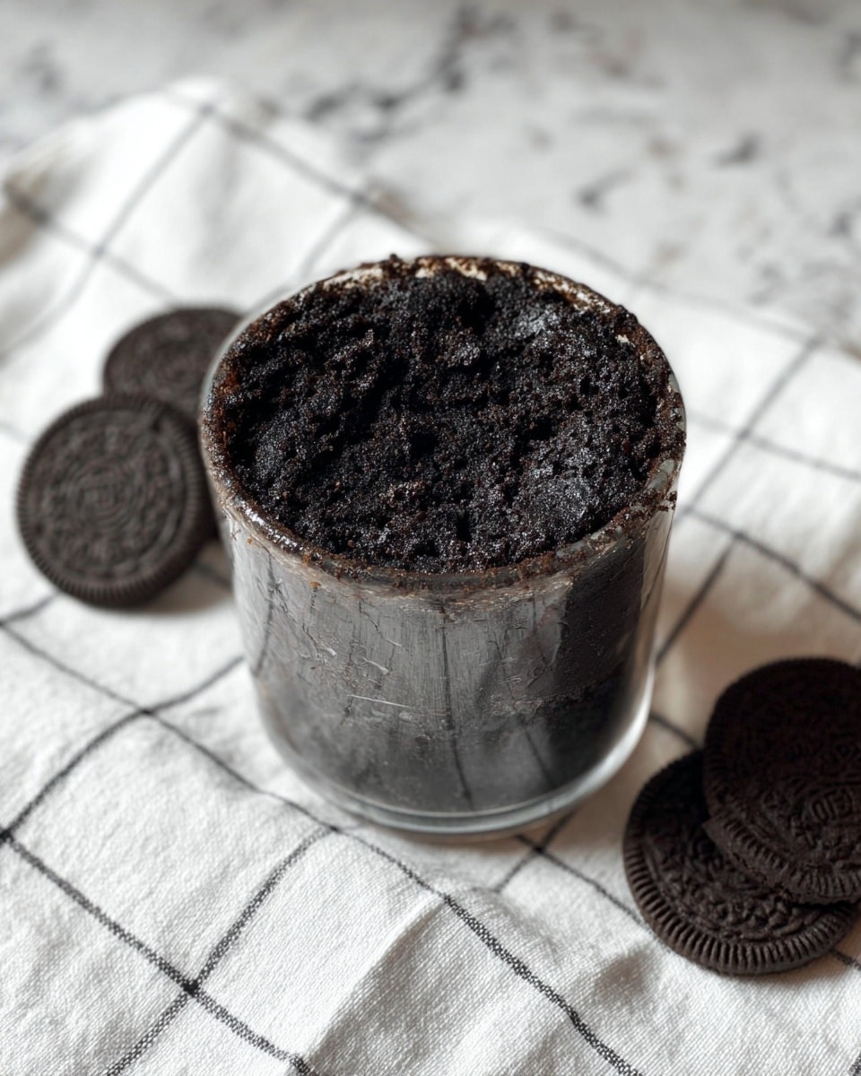 A small glass cup filled with a dark black cake that has a rough and uneven top layer. The cake fills the cup to the brim with some crumbs sticking to the edge. The cup is placed on a white cloth with a simple black grid pattern on a white marbled surface. Around the cup, there are three whole black sandwich cookies laying flat, adding contrast to the scene. The photo taken with an iphone --ar 4:5 --v 7
