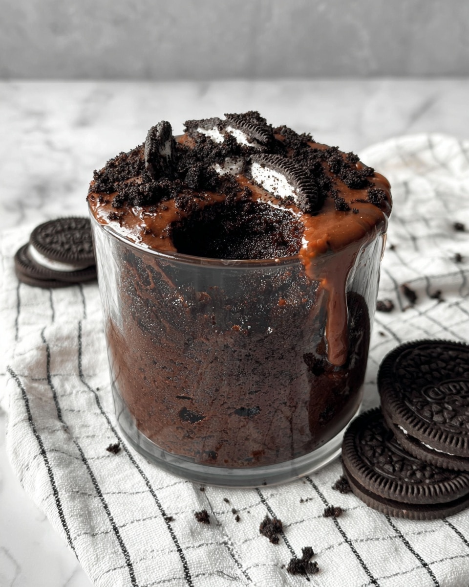 A clear glass cup filled with a dark black chocolate cake with a soft texture, showing a bite taken out at the side. On top, there are pieces of crushed black and white cookies scattered together with melted milk chocolate, creating a glossy, rich layer. The dessert sits on a white marbled surface, with a white cloth featuring a black grid pattern underneath, and three whole black and white cookies placed casually around the cup. The lighting highlights the shiny and crumbly details of the cake and toppings. photo taken with an iphone --ar 4:5 --v 7