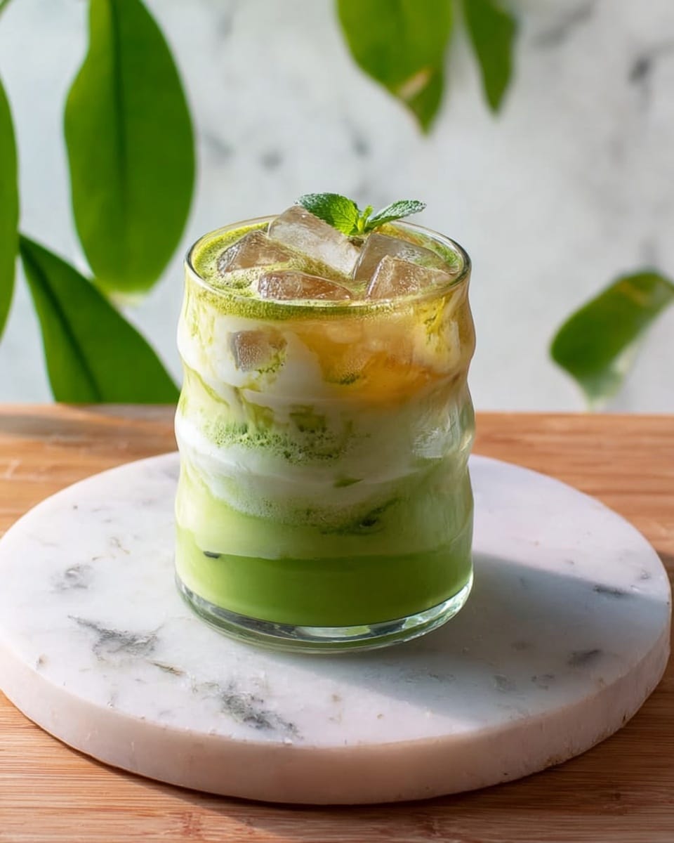 A wavy clear glass shows a drink with three layers on a white marbled round board: the bottom layer is bright green with a slightly thick texture, the middle layer is a lighter, creamy green mix, and the top layer is light brown covered with ice cubes. The background has a white marbled texture with some green leaves visible on the left side. Photo taken with an iphone --ar 4:5 --v 7