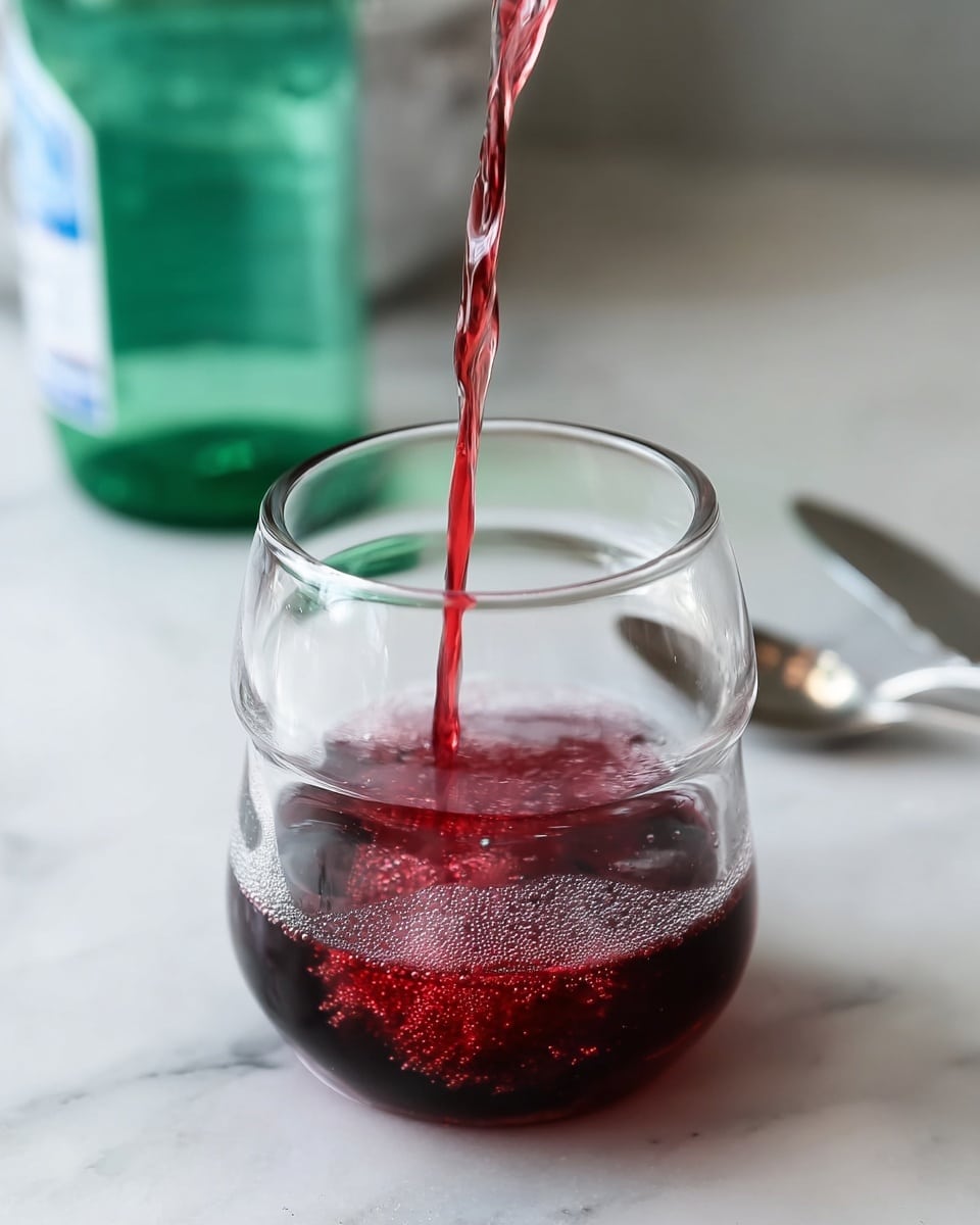 A clear, round glass with three curved sections stacked vertically sits on a white marbled surface. A deep red liquid is being poured from above into the top section of the glass, flowing down in a thin, smooth stream and creating bubbles where it meets the bottom layer of the same red liquid inside the glass. The background is softly blurred, showing a green sparkling water bottle on the left and a silver spoon on the right, both resting on the white marbled texture. photo taken with an iphone --ar 4:5 --v 7