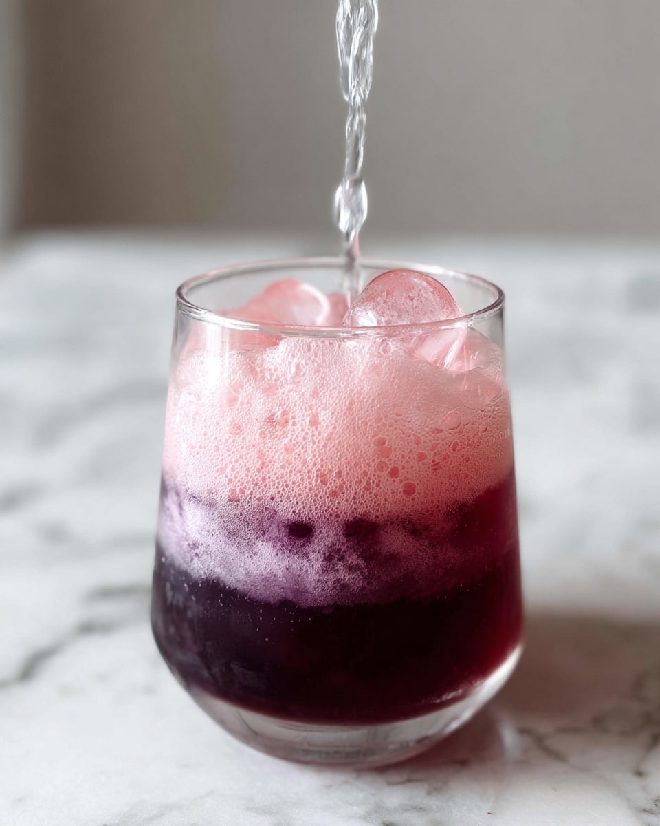 The image shows a clear glass filled with a dark purple liquid at the bottom, with ice cubes floating inside it. Above the dark layer, there is a thick layer of light pink foam on top, creating a two-layer effect. A clear liquid is being poured into the glass from above, causing bubbles to form in the foam. The glass is placed on a surface with a white marbled texture. photo taken with an iphone --ar 4:5 --v 7