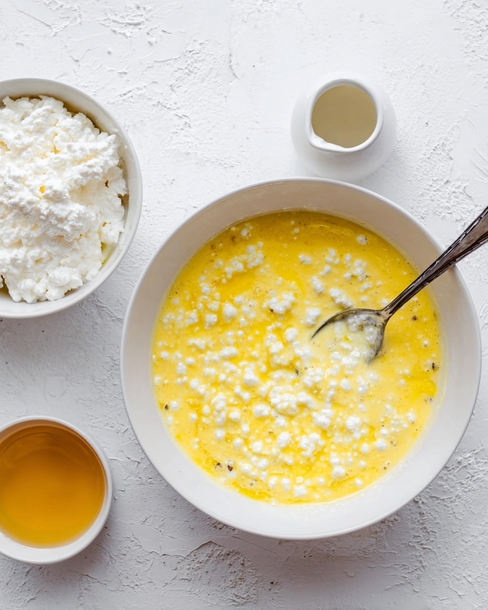 A white bowl sits on a white marbled surface, filled with a yellow mixture that has small white curds spread throughout, being stirred with a silver spoon. To the left of this bowl, there is a smaller white bowl filled with thick, white curds, and to the right, there is a small white container holding a golden liquid. The overall setting is clean and bright with textured white marbled background. photo taken with an iphone --ar 4:5 --v 7