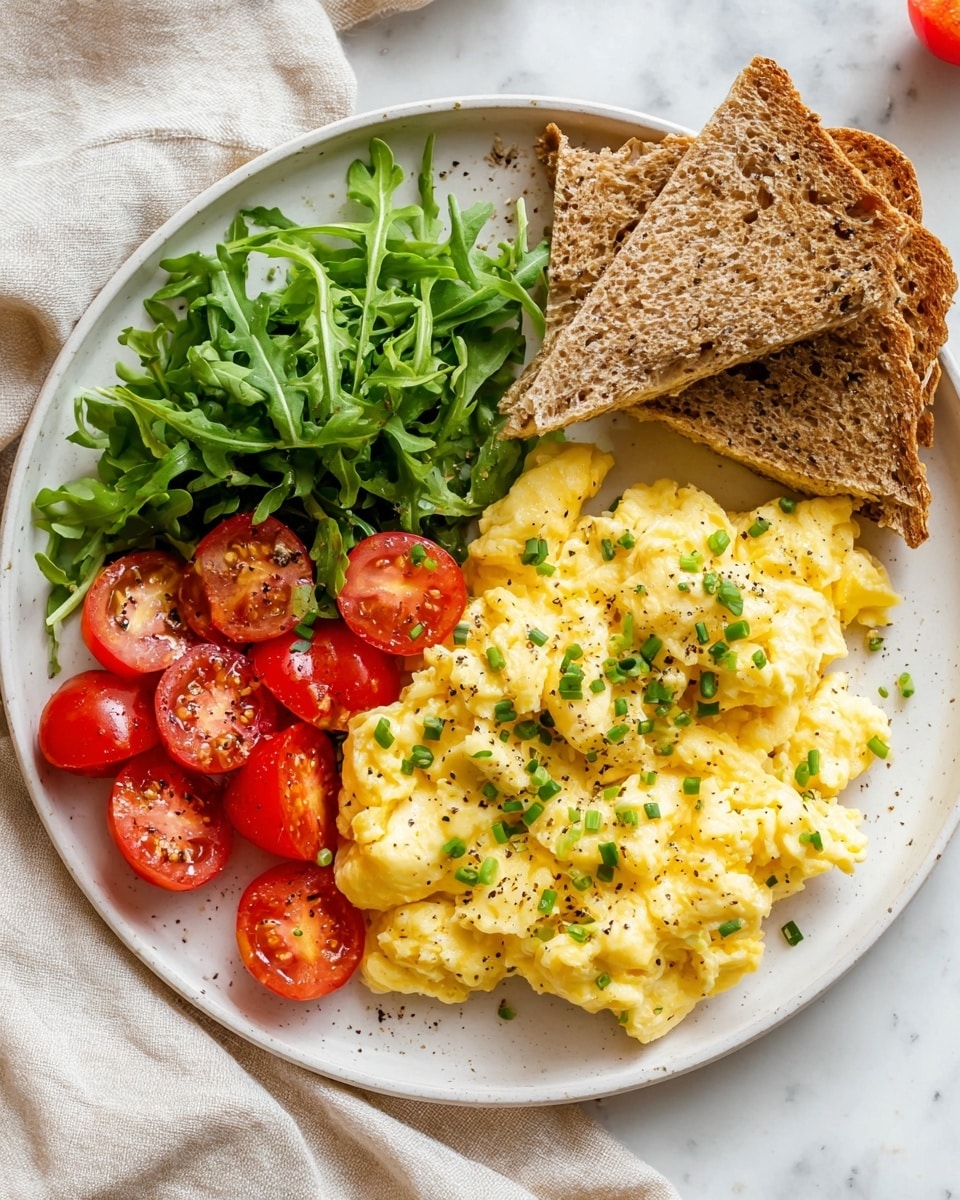 The image shows a white plate with three main parts: on the left, a small pile of fresh green arugula leaves topped with bright red cherry tomato halves, slightly shiny and sprinkled with black pepper; in the center and right, a large creamy yellow scrambled egg portion with soft texture, sprinkled with small chopped green chives and black pepper; on the top right, two triangular slices of toasted whole grain bread with a brown, crispy texture stacked lightly on each other, leaning on the eggs. The plate is placed on a white marbled surface with a light beige cloth nearby. Photo taken with an iphone --ar 4:5 --v 7